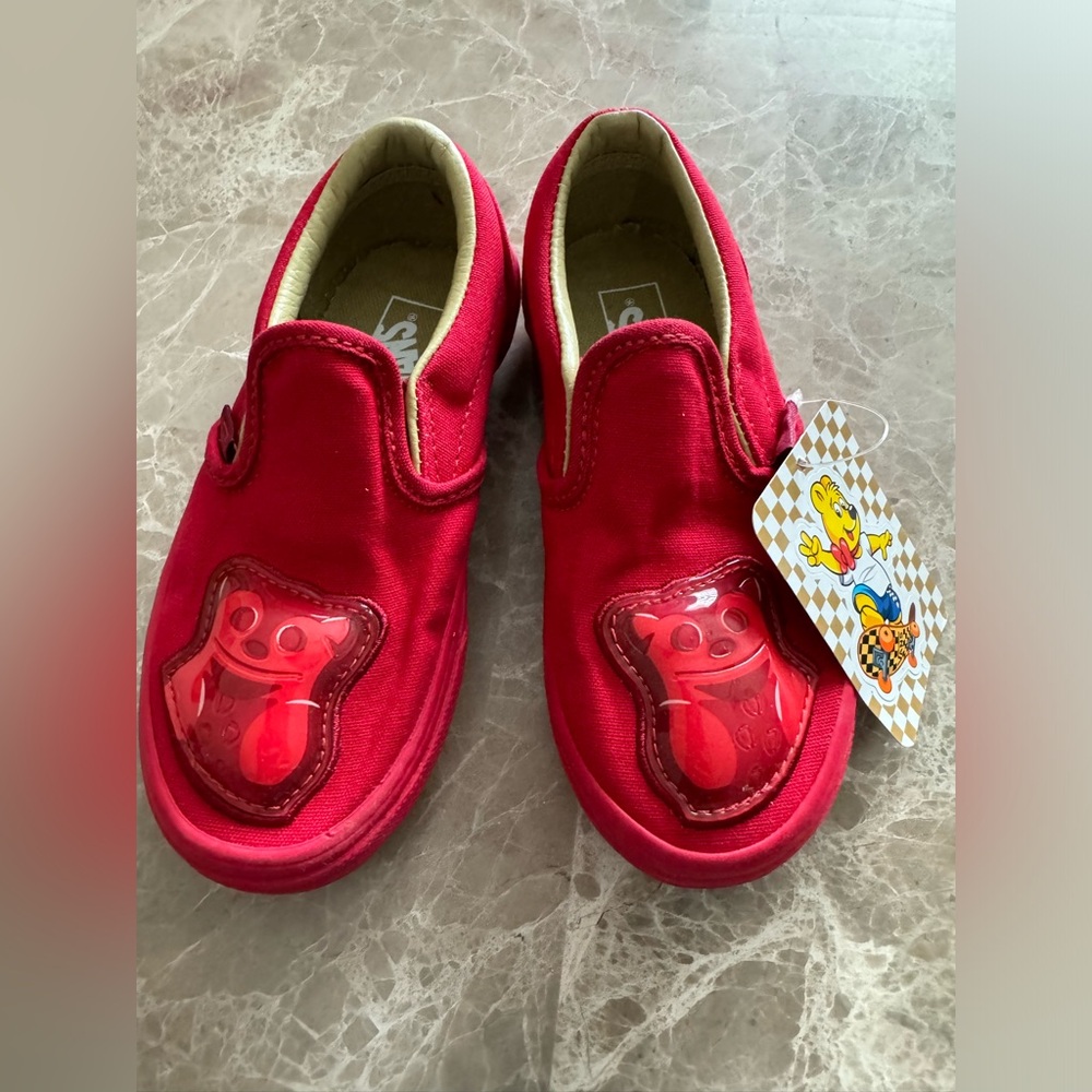 Vans Kids Red Slip-On Sneakers with Bear Patch